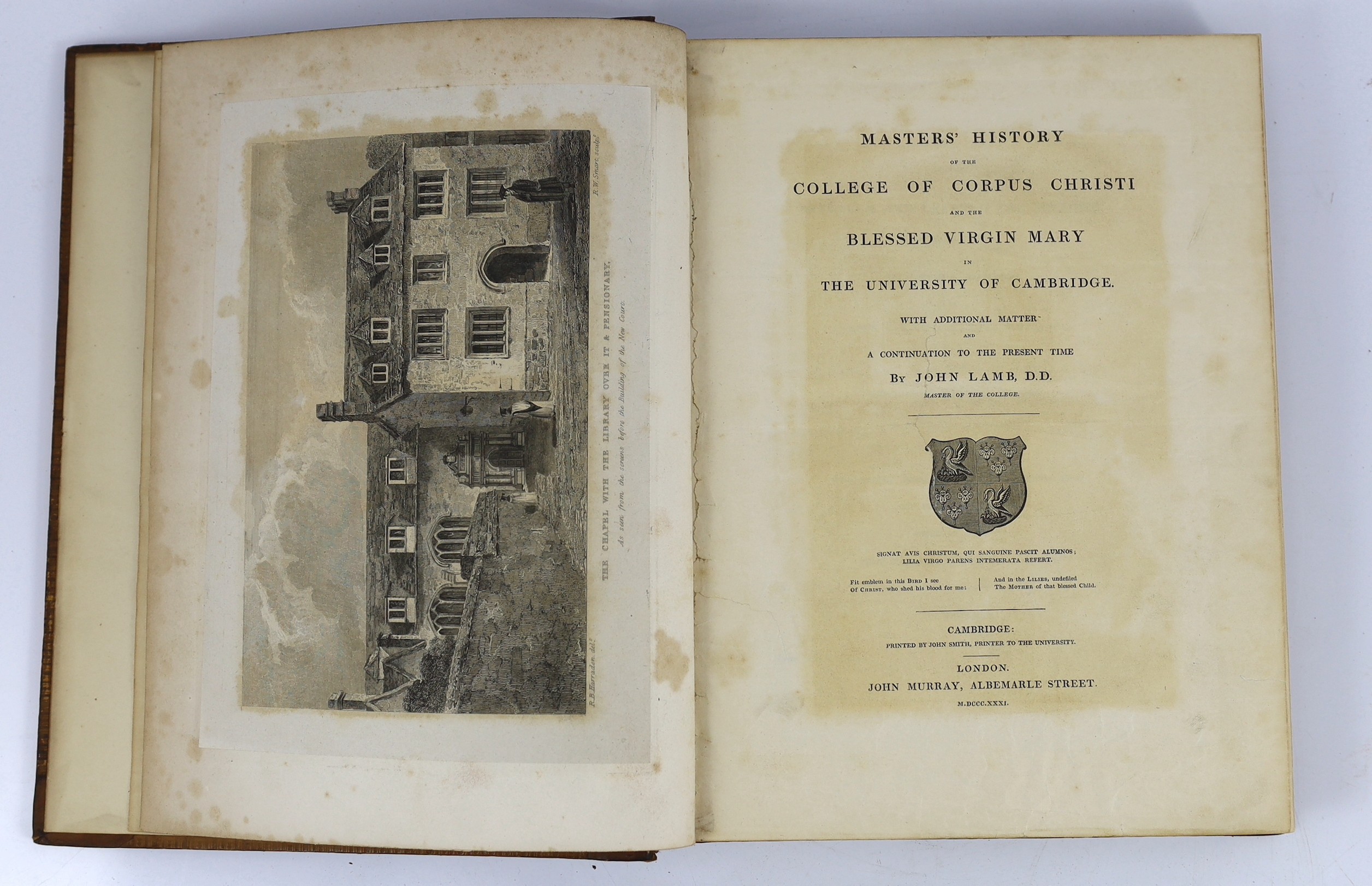 CAMBS: Lamb, John - Masters' History of the College of Corpus Christi; and the Blessed Virgin Mary in the University of Cambridge. With additional matter and a continuation to the present time ...